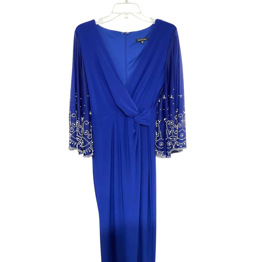 Marina crossover V-neck Midi Dress Flared Beaded Scalloped Sleeves Size 6 Small - Picture 3 of 9